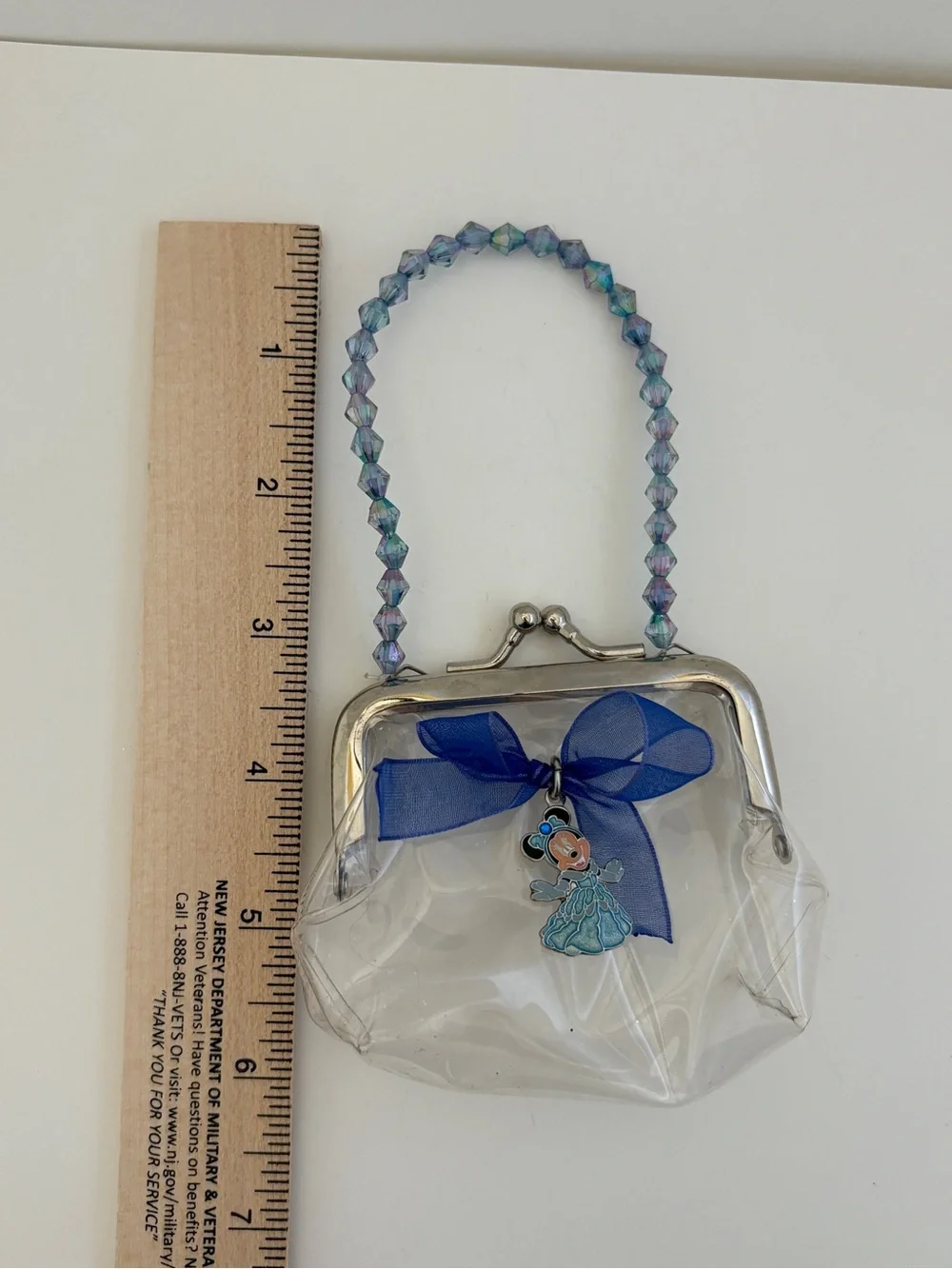 Disney Clear Mini Purse with Blue Bow and Iridescent Beaded Handle